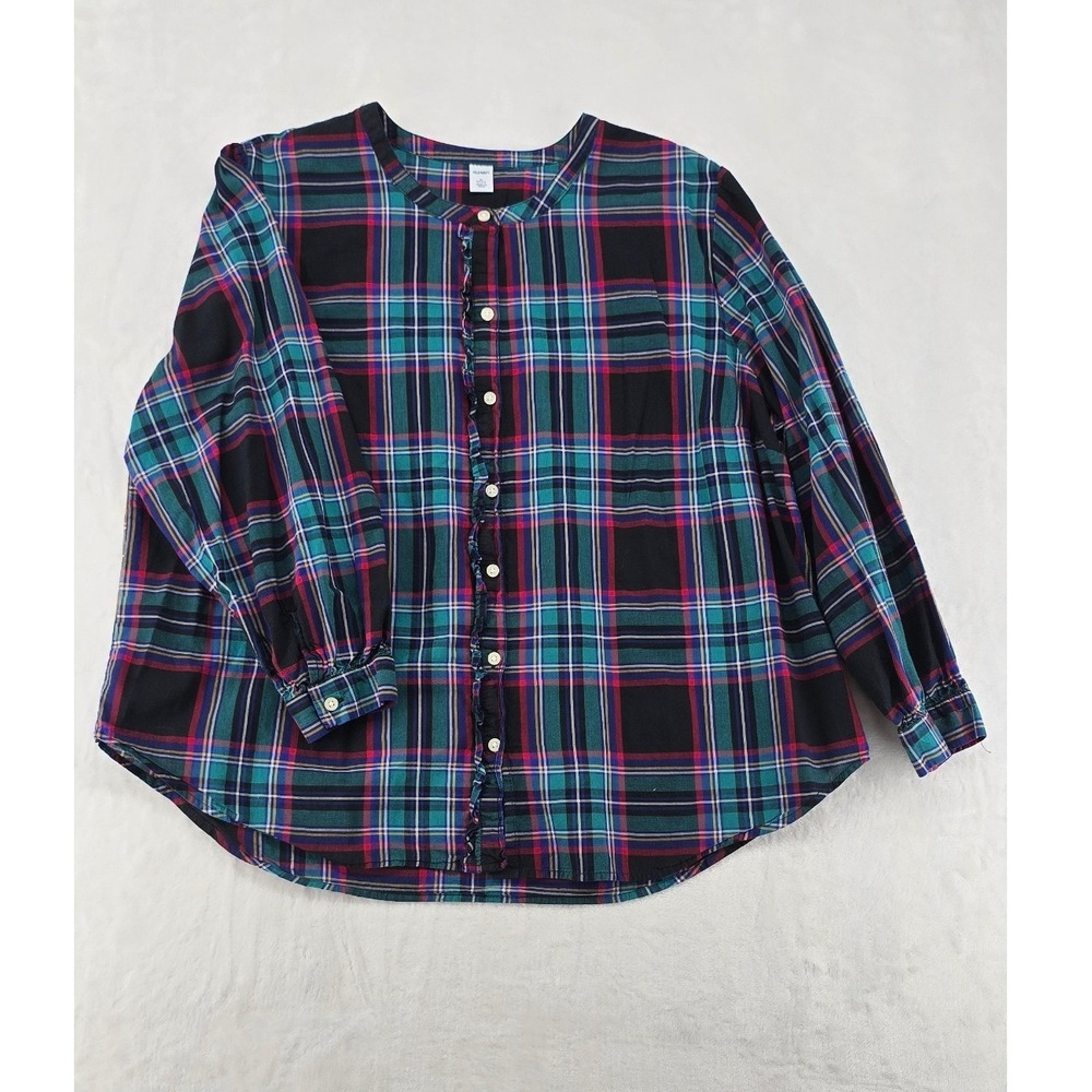 Old Navy Blouse Womens XL Petite Button Up Multi-Color Plaid Ruffle Trim Top